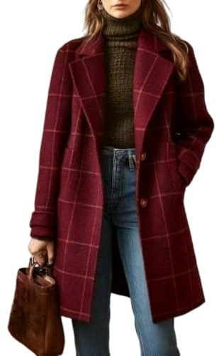 Cappotto Monopetto Casual Invernale Da Donna In Misto Lana con Revers A Lancia Soprabito Scozzese Retrò Di Media Lunghezza Giacca Elegante Da Lavoro E Ufficio Giacche Lunghe con Tasche Bordeaux Tag