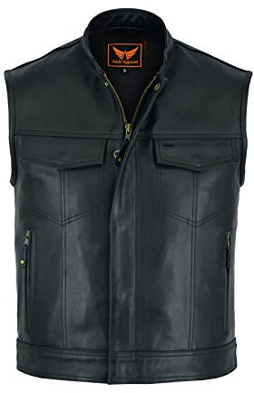 A&H Apparel Mens Genuine Cowhide Leather Biker Vest - Motorcycle Gear with Pockets - Sleeveless Motorwear & Top Coat (Black, XXL)