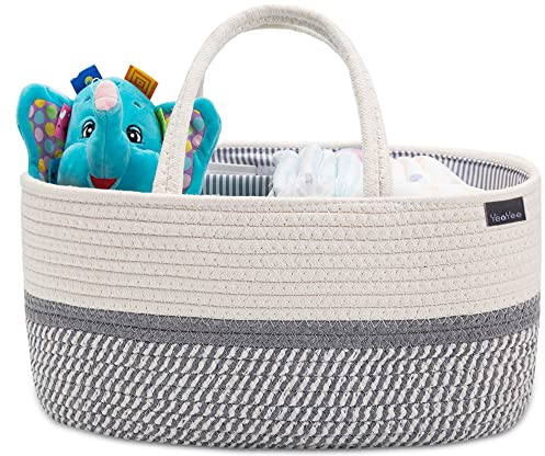 YeaYee - Organizador de canasta de pañales para bebé, cesta de almacenamiento para habitación infantil con 3 compartimentos, lona 100% algodón, cesta de pañales portátil, regalo para recién nacidos