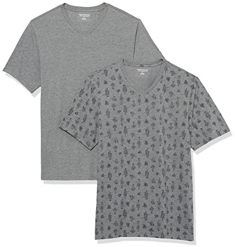 Amazon Essentials Men's Cotton Short-Sleeve V-Neck T-Shirts, Pack of 2, Grey Heather Cactus Print, XX-Large