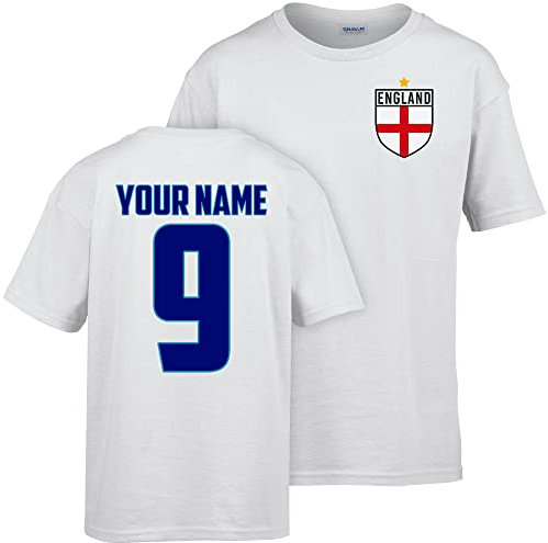 Personalised England Football Shirt Kids 2025, Boys and Girls Your Custom Name and Number Printed England Tshirt Top, New Updated 2025 kit, Retro Gifts for English Fans, 9-11 Years, White