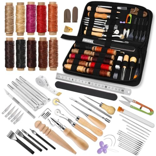 Wamkon 60-teiliges Leder-Arbeitswerkzeug: Leder-Nähset mit Aufbewahrungstasche, Stempelwerkzeuge, Schnürung, Stitching, Meißel für handwerkliche Herstellung, Nähen und Stanzen