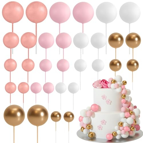 ASTARON 32 piezas de bolas para decoración de tartas, mini globos, palitos para decoración de tartas, bolas de espuma, púas para tartas para bodas, fiestas, cumpleaños (oro rosa, rosa)