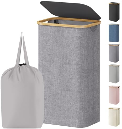 Lifewit 105L Laundry Basket with Lid, Foldable, Bamboo Handles, Light Grey | Dirty Clothes Bin with Removable Bag, Large Washing Basket for Bedroom, Bathroom, Dorm and Laundry Room