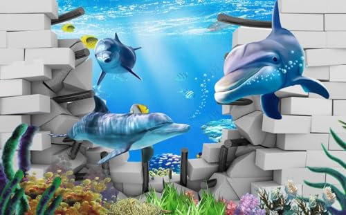 Papel Pintado 3D Delfín De Pared De Ladrillo Del Mundo Submarino Papel Tapiz Fotomurales Moderno Murales -328894 150x105cm