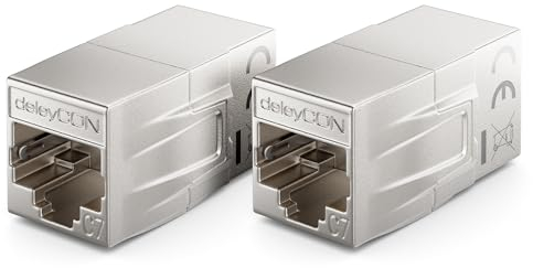 deleyCON 2 Pezzi CAT 7 Accoppiatore Connettore Adattatore Metallico Patch Cable LAN DSL Ethernet RJ45 Estensione 2x RJ45 Presa 600 MHz 10Gbps Argento