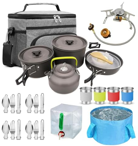 gooch Pentola da campeggio, padella, bollitore, pentole da campeggio, set da cucina, set di cucchiai leggeri con secchio d'acqua, fornello, in acciaio inox con tazze, pieghevole per viaggi zaino