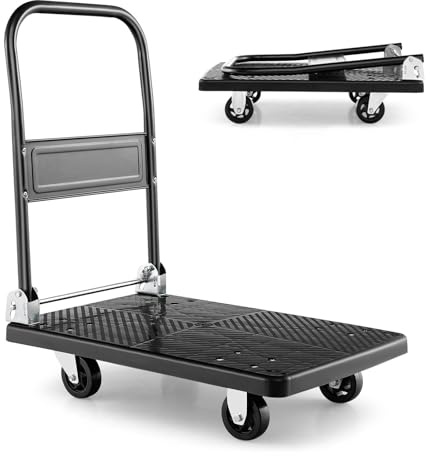 TANGZON Folding Push Cart Dolly, Rolling Flatbed Luggage Cart with 360° Swivel Wheels, Garage Warehouse Moving Platform Hand Push Truck(Black, 72 x 48 x 81cm, 200kg Capacity)