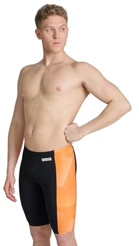 Arena Men's Performance Halftone Swim Jammer Athletic Swimwear Professional Swimsuit Trunks, Black/Team Orange, 34