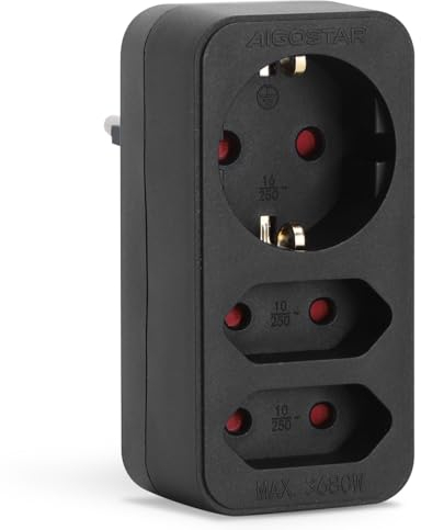Aigostar Steckdosenadapter 3-fach mit Kindersicherung Mehrfachsteckdose Tragbar für Steckdose (2 x Eurosteckdose und 1 x Schutzkontakt) Schwarz