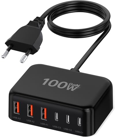 USB C Ladegerät, 100W 6-Port USB C Netzteil Schnellladegerät, PD 3.0 USB C Charger Power Adapter+QC USB A Mehrfach Ladegerät für iPhone 16 15 14 13 Pro/Pro Max, iPad,Samsung S24/S23