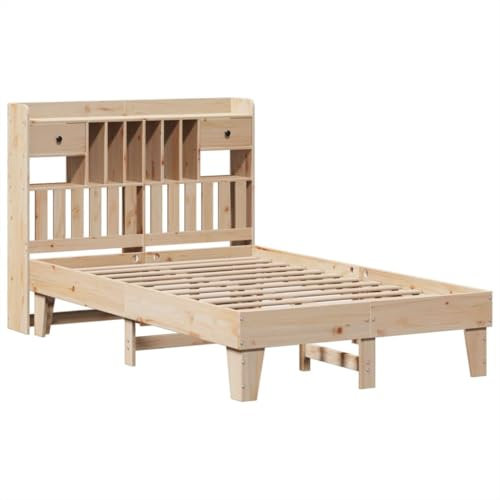 vidaXL Massivholzbett, Holzbett ohne Matratze, Doppelbett Bettgestell mit Lattenrost, Schlafzimmer Bett Kopfteil mit Stauraum, 135x190cm Kiefernholz