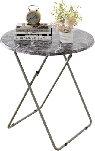 Huhote Round Folding Table, Folding Snack TV Tray Table, Camping Balcony Foldable Tables, Laptop Tables for Small Space Living Room Bedroom Outdoor (Dark Marble)