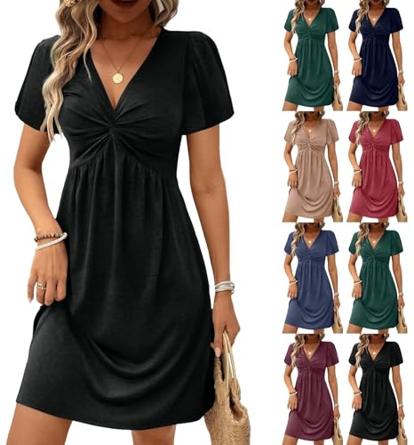 Robe Femme Ete Bohème Chic D'été Robes Femme Fleurie Boheme Lin Manches Courtes Vetement Col en V Portefeuille Chemise Summer Dress for Women Mes Commandes Noir L