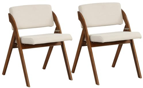 COSTWAY Juego de 2 Sillas de Comedor, Silla Plegable con Patas de Madera de Caucho, Asiento y Respaldo Acolchados, Silla de Cocina Portátil para Oficina y Cocina, 53 x 56 x 76 cm (Nogal y Beige)