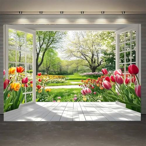 FENDROM Colorful Spring Flower Garden Tapestry Nature Floral Window View Tulip Yards Art Tapestries Poster Wall Hanging for Blanket College Dorm Home Decor