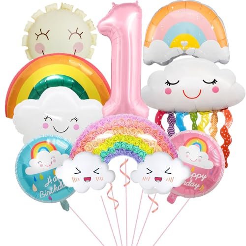 DazzJoy Geburtstagsdeko 1 Jahr Mädchen mit Regenbogen, Wolken, Sonne, Folien- & Luftballons, Deko für 1. Geburtstag Jungen und Mädchen