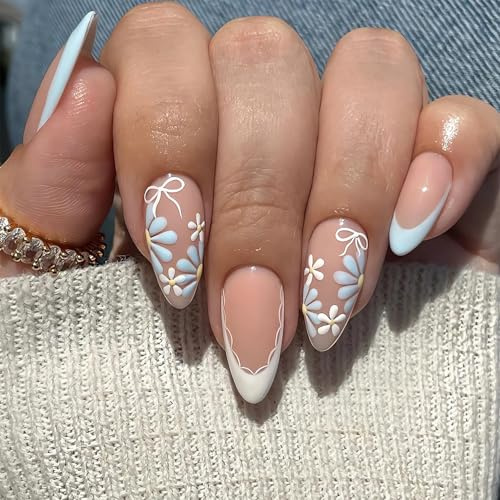 Auiremrti 24 pièces faux ongles floraux amande, ongles à presser marguerite, french manucure blanc-bleu, couverture complète, ongles artificiels brillants