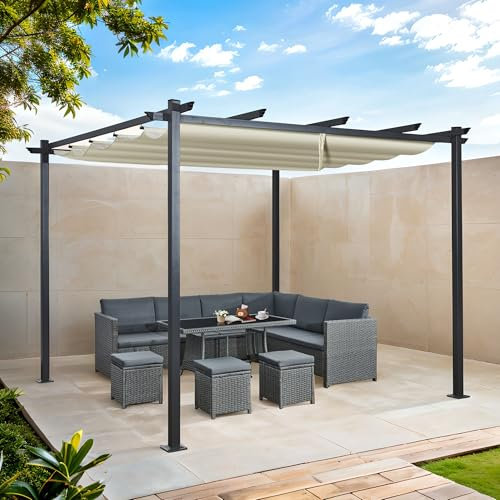 Aweather 3m x 3m Outdoor Pergola with Retractable Canopy, Garden Gazebo with Metal Frame, Beige