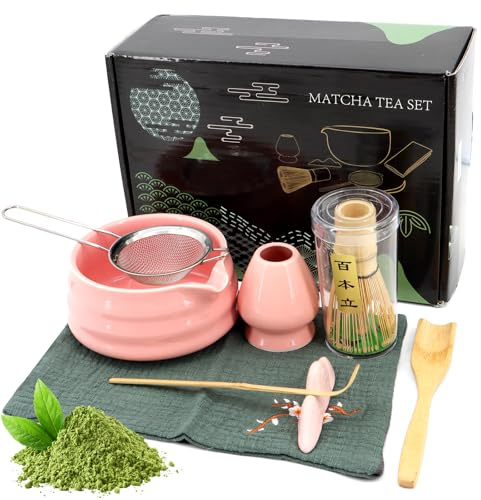 Ensemble de 8 pièces pour matcha rose - Un service à thé matcha de cérémonie composé d'un fouet à matcha, d'un bol, d'une tasse, d'une passoire en bambou et d'autres accessoires