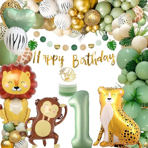 Deko 1.Geburtstag Junge Mädchen, Geburtstagsdeko 1 Jahr, Kindergeburtstag deko Grüne Luftballon Wild One Geburtstagsdeko Dschungel Safari Deko 1. Kindergeburtstag Deko