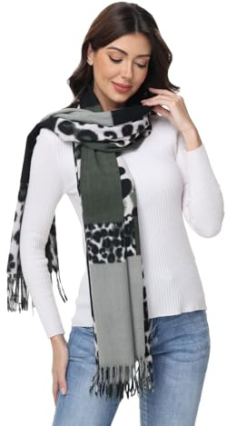 ZCJ Bufanda para Mujer - Chal, Pañuelo de Cuello, Foulard para Otoño e Invierno Cálida, Estampado de Leopardo con Flecos, Sensación de Cachemira, Premium Animal Print Scarf, Verde