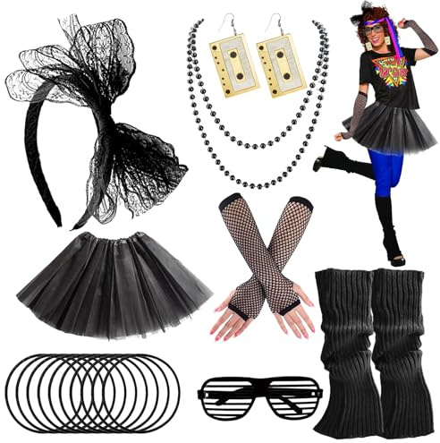 ZXTGBQ 80-års förklädnad damtillbehör, 80-tal, tutu dam, leggings, pannband, örhängen, halsband, nätshandskar, kläder år 80-90-talstema, karnevalsfest