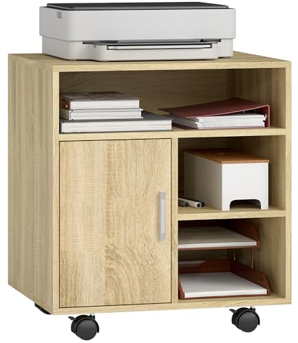 HOMCOM Mueble para Impresora con Ruedas, Soporte de Impresora con Compartimentos Abiertos y Puerta, para Oficina, Hogar, Estudio, 60x50x65,5 cm, Natural