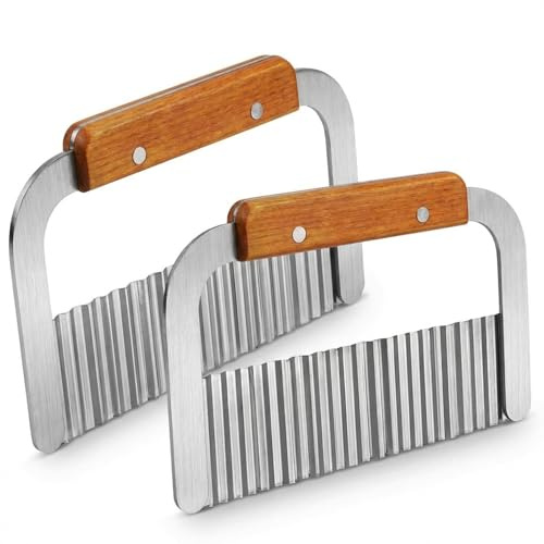 Wellenschneider Gemüse, 2 Stück Wellenmesser mit Holzgriff, Riffelmesser für Kartoffeln und Gemüse, Buntmesser Wellenschnittmesser für Küche, Multifunktionaler Riffelschneider mit Robustem Design