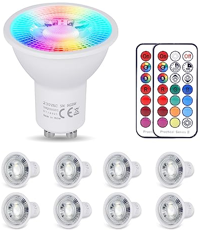 YAYZA! LED GU10 Warmweiss Lampe 8-er Pack (5 W) Dimmbar, RGB 3000K, 450LM Energiesparende Lampen, 5 Modi Farbwechsel LED Smart Light Bulb mit Fernbedienung, Abstrahlwinkel 120° Reflektorlampen