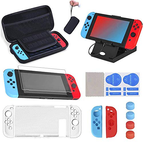 17 en 1 Kit de Accesorios para Nintendo Switch, Funda para Nintendo Switch con 10 Cartucho de Juego | 2 Protector de Pantalla | Carcasa de Silicona y Plastico | Tapas para Joystick | Soporte Ajustable