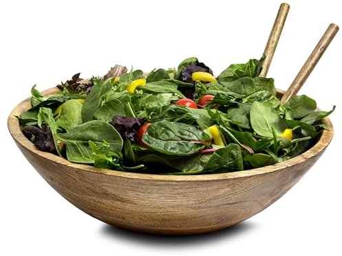 Fairwood Way Extra großes Salatschüssel-Set aus Holz – 1,27 cm dicke Servierschüssel aus Mangoholz mit Utensilien, Rührschüsseln aus Holz, dekoratives Küchengeschirr für Popcorn, Nudeln und Chips