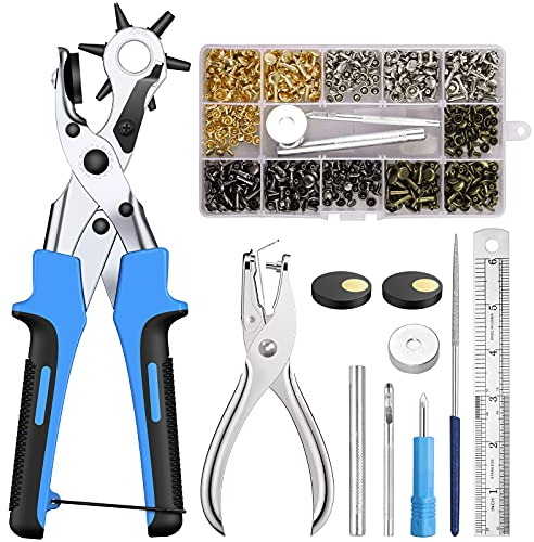 Pince Perforatrice, Kamtop Outil de Perforation de Ceinture Robuste avec 240 Rivets en Cuir Pince Perforatrice Cuir 6 Tailles de Poinçon Rotative Poinçon À Ceinture Professional avec Tige de Meulage