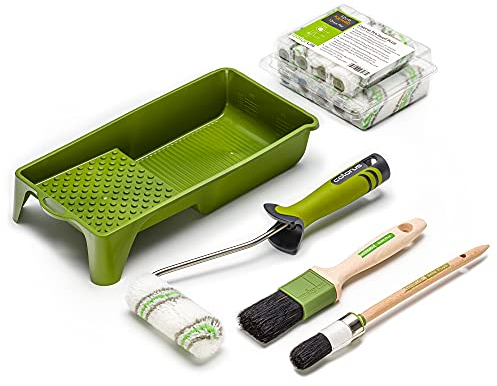 Profi Lackierpinsel Lackpinsel Gr. 04 (25 mm) und 50 mm | Velours Lackierrolle Lackwalze Lackierwalze 10 cm | Lackierwanne Lackwanne Farbwanne 15 x 32 cm | Edelstahl Aufsteckbügel Farbroller-Bügel