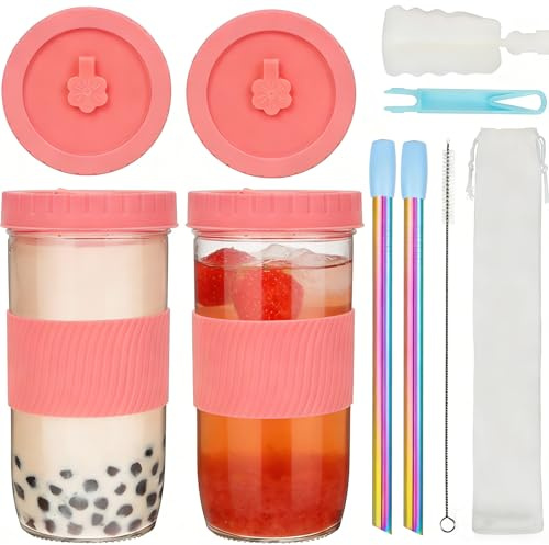 ZgoEC 24oz Bubble Tea Mugg Med Sugrör Och Lock, 2pcs Glas Bubble Tea Mugg | Glas Bubble Tea Mugg, Glas Dryckesbägare Med Sugrör, Smoothie Glas Tumbler Cup Glasmugg För Kaffe
