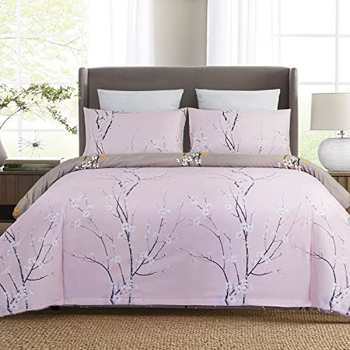YEPINS Microfiber Quilt Duvet Cover Set with Zipper Closure and Corner Ties, Tree Branch Printed Pattern, Pink and Gray Color, Reversible Design- Super King Size