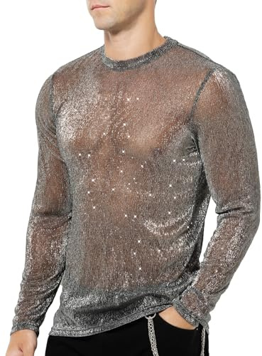 Casey Kevin Camiseta Transparentes Manga Larga Hombre Brillo Lentejuelas Rejilla Camisa Fiesta Plateada Brillante Ropa Sexy Top Fiesta Discoteca Punk Nocturno Jazz Rock Hip Hop Dance Clubwear, XXL