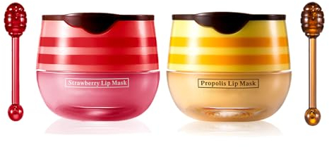 Lip Sleeping Mask Lip Mask Skincare Lip Balm Set,2 Pcs Honey+Strawberry Bee Balm Moisturizing Lip Mask for Day&Night Lip Care,Repair,Prevent Dry Crack,Lip Line Reducing,Clearing Dead Skin