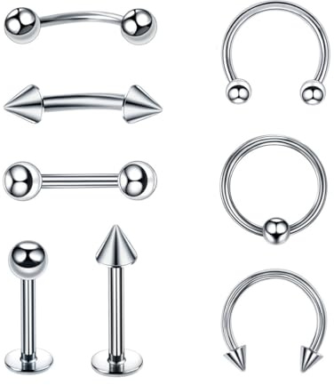 8 manubri in acciaio chirurgico 16 G in argento chirurgico, dritto, a ferro di cavallo, occhi di serpente, lingua, capezzolo, addome, sopracciglio, naso, orecchini cartilagine, bocca, piercing,