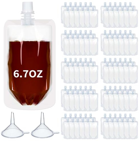 Meanplan 100 Pcs Plastic Pouches Bulk Reusable Squeeze Pouches Clear Plastic Juice Leak Proof Bags with Funnel for Party Favors Supplies(6.7 oz,Straight Mouth)