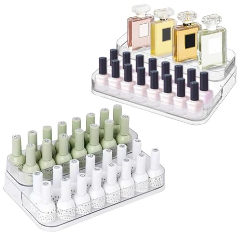 Yuixvxna 2 Tier 4 rows Nail Polish Organizer Acrylic Display Stand for Nail Polish Holder 2 pack, Nail Art Supplies Storage Rack for Essential Oils, Makeup Brushes, Jewelry, Clear Acrylic Display Case