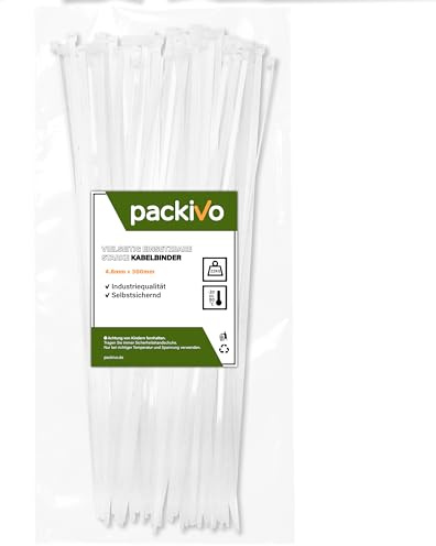 PACKIVO Profi Kabelbinder 4,8 x 300 mm Vit svart extra starka kabelbinders av industriell kvalitet Draghållfasthet 22Kg för kabelhantering, DIY, hem, boende, trädgård och verkstadsstorlek och antal