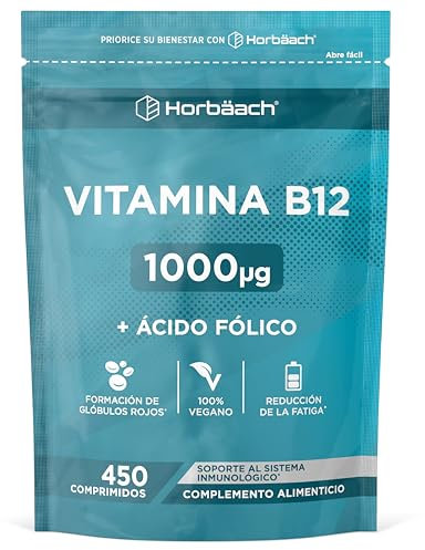Vitamin B12 1000mcg med Folsyra | 450 Veganska Tabletter i 15 Månader | Kosttillskott Hög Dos | av Horbaach