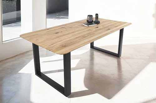 SAM Esstisch Lotte 180x90 cm Eiche Schweizer Kante U-Gestell schwarz | Eichenholz massiv geölt, runde Ecken, Metallgestell, pflegeleichter Holztisch, Esszimmertisch