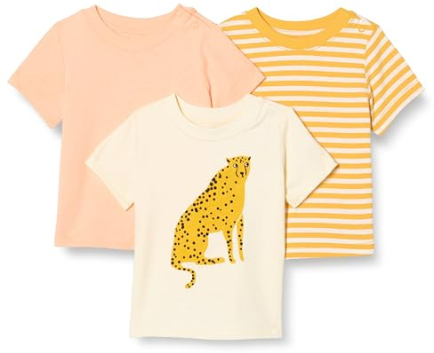 Amazon Essentials T-shirts à Manches Courtes Mixte Enfante, Lot de 3, Guépard/Pêche Pastel/Rayures, 2 ans