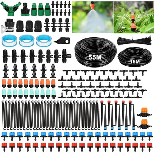 KIMIGO Kit di Irrigazione a Goccia,Impianto Irrigazione Giardino,Sistema del Giardino,55M+15M Tubi di Irrigaziones,Kit Irrigazione Orto Con Tubo,Per Irrigaziones Esterna Di Prati,Paesaggi, Aiuole,Orti