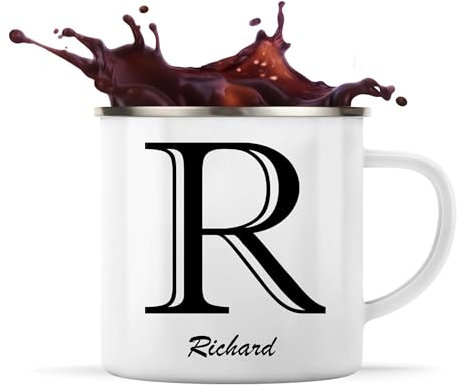 Planetee Tasse Métal Richard Lettre Chic | Mug Émaillé | Idée Cadeau Prénom pour Cuisinier Barbecue Jardinage Oncle Parrain Beau Papa Collègue Départ Retraite Noël