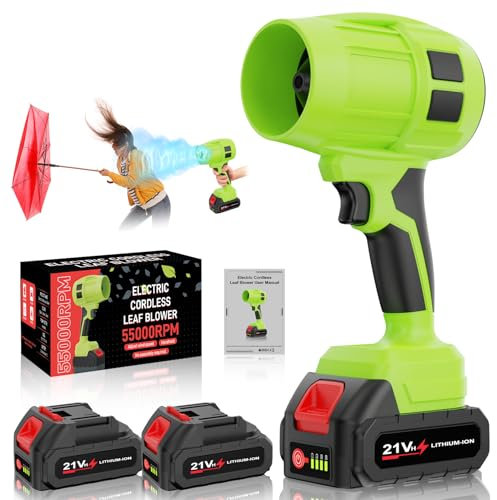 Toieue Souffleur de feuilles sans fil avec batterie, souffleur turbo jet, 55 000 tr/min, 2 batteries 4,0 Ah pour l'entretien de la pelouse, la terrasse, le soufflage de feuilles, soufflage de neige
