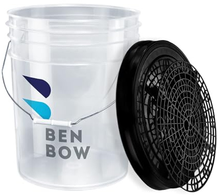 BenBow Logo transparenter 20-Liter-Detailing-Eimer mit weißem Schmutzsieb, inkl. weißem Premium-Schraubdeckel, für universelle Nutzung mit BenBow Logo