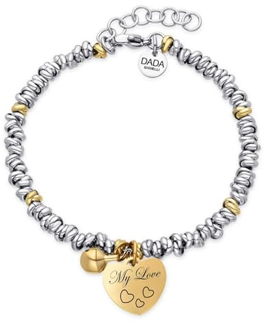 Dada Gioielli- Bracciale Amore Donna Campanella e Cuore Frase Bi-Lingua Lunghezza 17+3 cm - Bracciale Donna Anelli Intrecciati a Nodino in Acciaio Idee Regalo Donna (Oro e Oro)